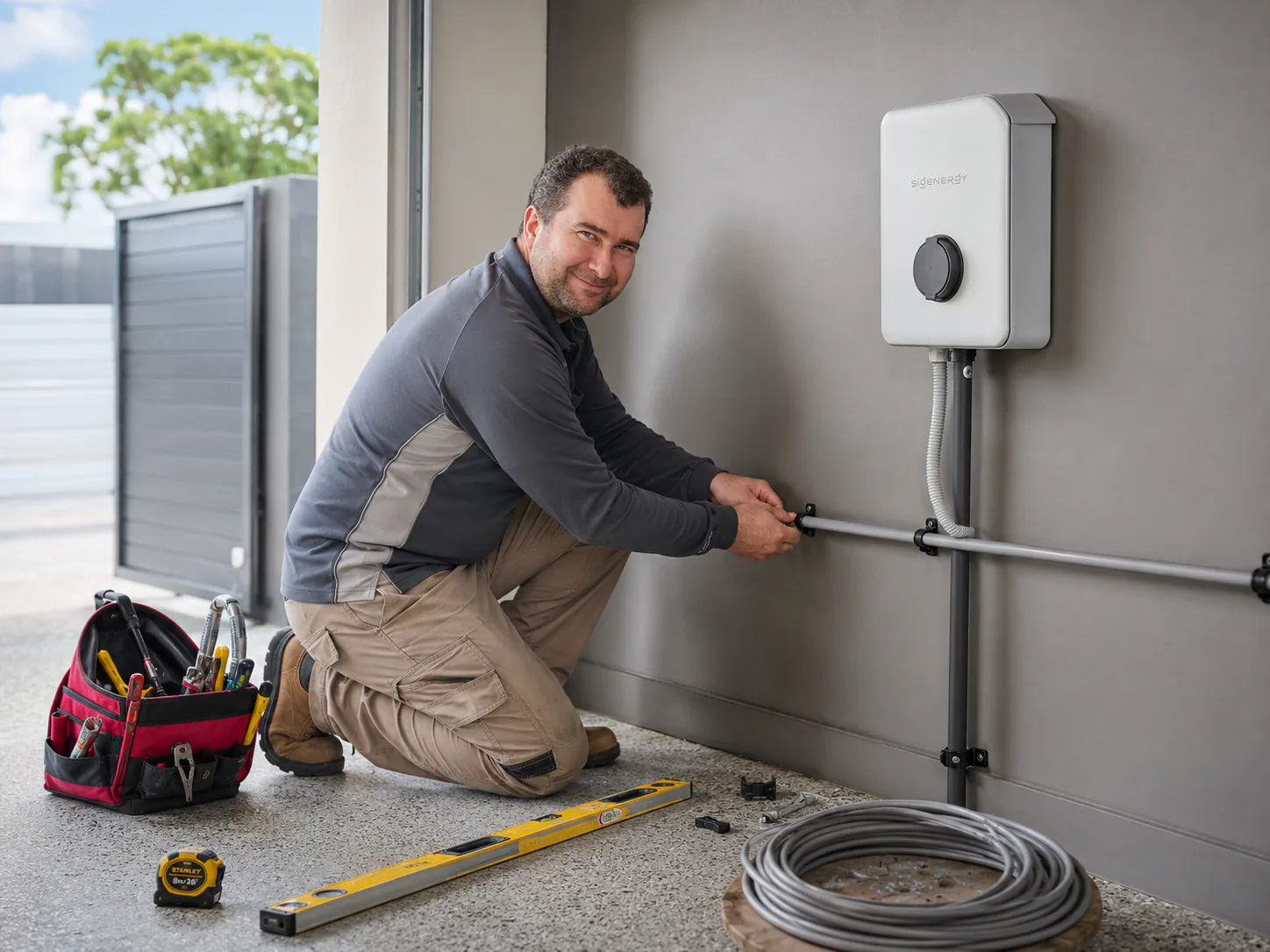 Electrician routing cable for a home EV charger installation